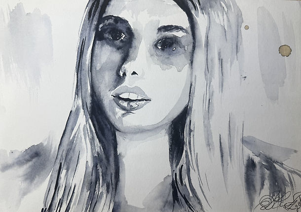 watercolor portrait of Cassie from Skins with wide eyes looking upward expressing hope and vulnerability