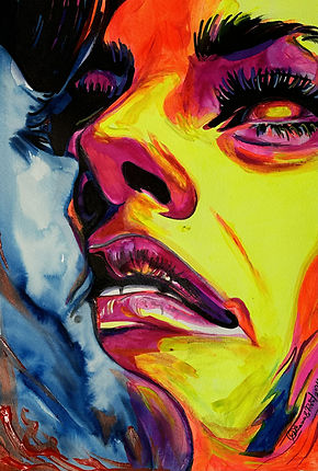 An abstract portrait where a face in brilliant neon yellow and hot pink merges with a cool blue watercolor form