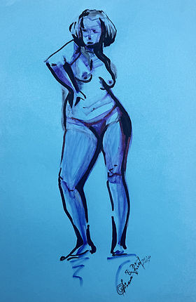 Woman standing confidently with hand on waist in expressive acrylic style on a blue paper