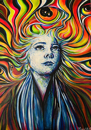 A psychedelic painting of a woman looking upwards, her long, multi-colored hair flowing and morphing into swirling patterns and eyes