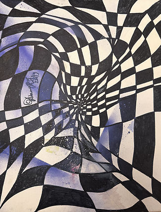 A painting of a black and white checkerboard pattern twisting into a deep tunnel, set against a background of sprayed purple and blue paint on canvas
