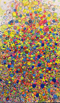 Multi-dimensional pointillist artwork on paper blending geometric patterns and color layers
