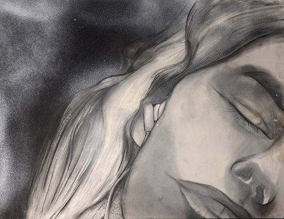 close up charcoal portrait of a woman with headphone focusing on half face and emotional immersion
