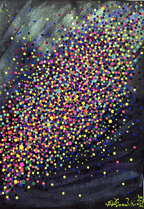 Dream Galaxy — watercolor and acrylic markers on A4 paper with sweeping multi-colored dots on dark ground