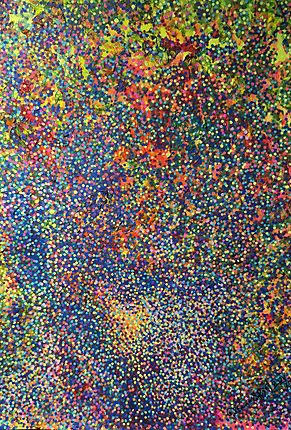 A heavily textured abstract pointillist painting with a dense field of dots in shades of blue, green, pink, and yellow