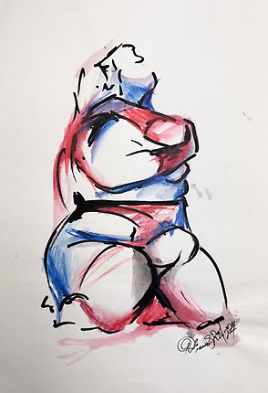 Drawing of a voluptuous woman kneeling and gently holding her chest using bold black lines with red and blue spots of color