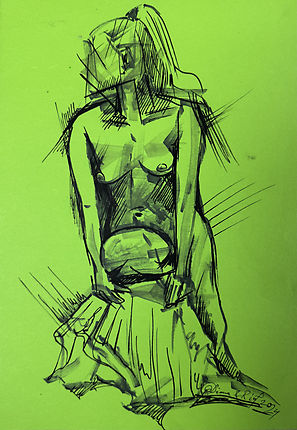 Emerald Stillness — markers on textured green paper life drawing