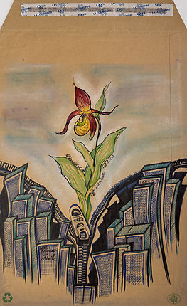 Surreal drawing of a Lady’s Slipper orchid endangered by closing geometric skyscraper forms
