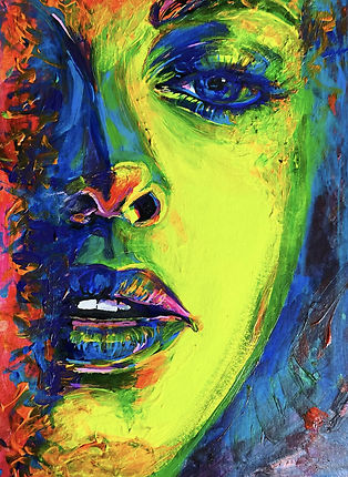 A watercolor portrait of a woman's face in shades of yellow and red, with her hair and background blending into deep blue and black washes