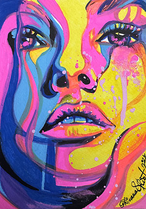 Surreal portrait artwork in vivid colors with abstract face created using acrylic markers on paper