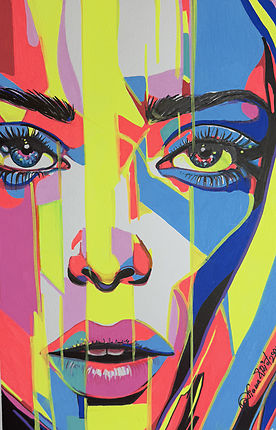 A stylized portrait of a woman's face composed of hard edged geometric shapes in bright neon yellow, blue, and pink