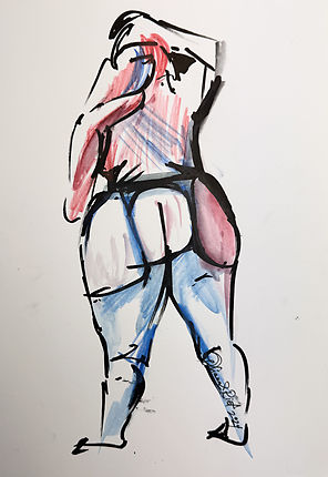 Artwork of a full-figured woman standing from behind, highlighting soft curves and natural form