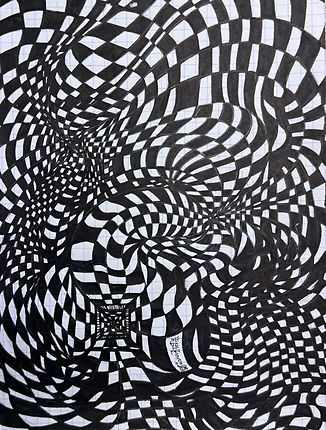 A hand drawn optical illusion in black pen on graph paper, showing a checkerboard pattern that twists and distorts into several deep vortices