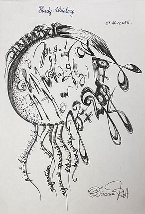 Conceptual pen drawing inspired by the Hardy–Weinberg model on A4 paper