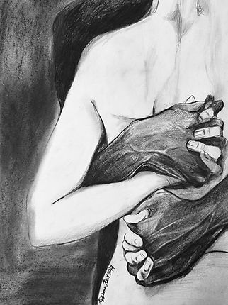 Back view of a nude woman with another figure behind her and their hands intertwined around a cigarette