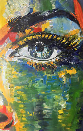 A close up impasto oil painting of a realistic human eye surrounded by thick, abstract strokes of green, blue, and yellow paint