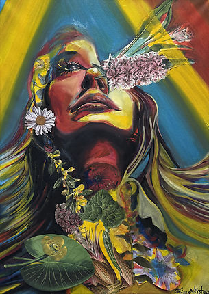 Collage and oil on canvas artwork with vibrant colors evoking a dreamlike summer scene