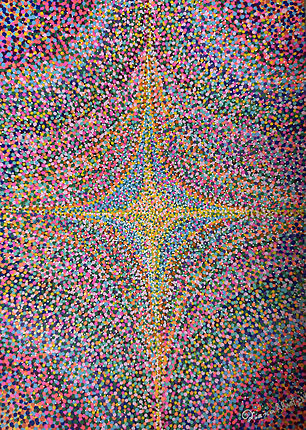 A vibrant four-pointed star at the center of a dense field of multi-colored dots in a pointillist style