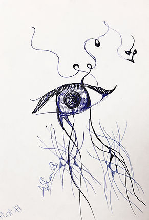 Abstract pen drawing with surreal pathways and symbolic shapes