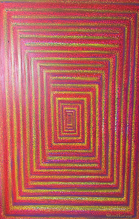 Large pointillist canvas in acrylic paint and markers depicting the transition between waking and dreaming states