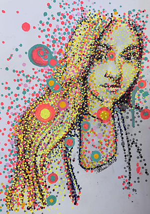 A pointillist self-portrait using markers on paper, depicting a figure emerging from dots and color fields