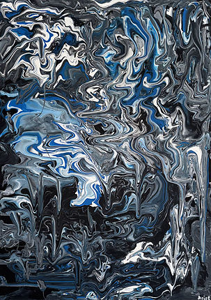 A large abstract acrylic pour painting with complex swirls and cells of blue, black, and white paint creating a marbled, liquid effect