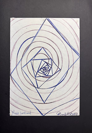 A geometric line drawing with blue rotating squares spiraling inward, overlaid with freehand purple circular lines on off white paper