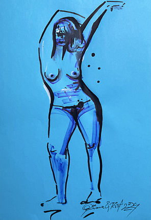 Woman with arms raised above head surrounded by expressive acrylic lines