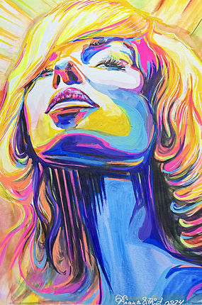 A portrait of a woman basking in light with her head tilted back, painted in ecstatic, vibrant shades of yellow, pink, and blue
