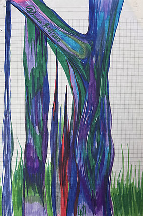 Abstract colorful forest with rain-like textures drawn with markers