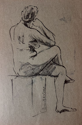 Seated woman sketched with markers in a relaxed pose