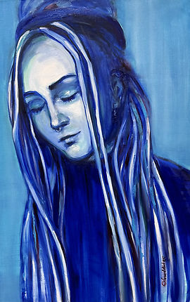 self portrait with long dreadlocks blue tones and downward gaze avoiding eye contact
