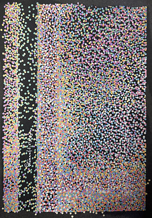 An abstract pointillist artwork on black paper with vertical streams of pastel-colored dots cascading downwards