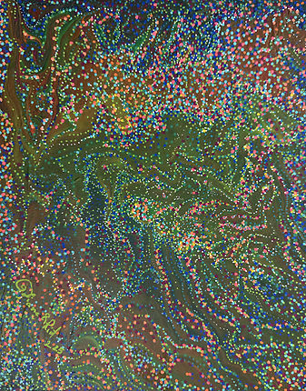 Subconscious Currents — acrylic markers and paint on A4 canvas with swirling organic currents and colorful dots