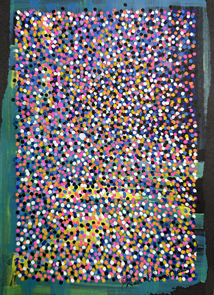 An abstract pointillist painting with a dense field of multi-colored dots framed by dark blue and green brushstrokes