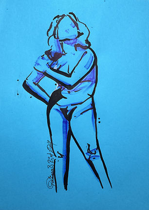 Woman bending forward with hand on shoulder and hip drawn in acrylic markers