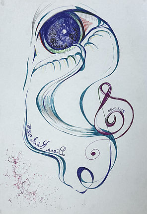 Abstract surreal face drawn in black pen with expressive lines