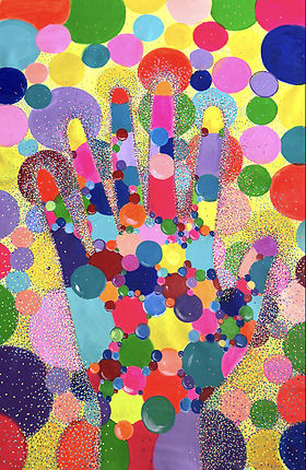 Surreal painting of a hand with six fingers in bright colors and blurred dreamlike forms