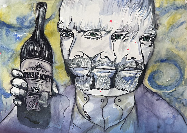 expressive portrait of Vincent Van Gogh holding a bottle with symbolic text and fluid background patterns
