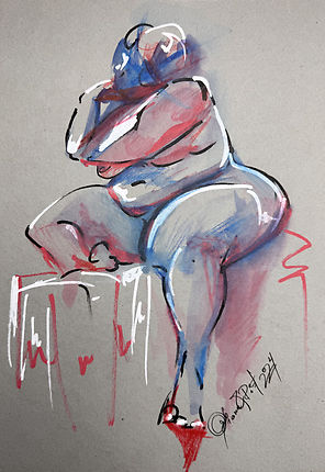 Artwork of a plus-size woman sitting in a thoughtful pose