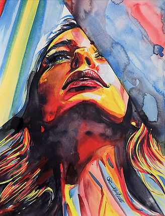 Surreal watercolor portrait of a woman looking upward with vivid red, yellow, and blue tones