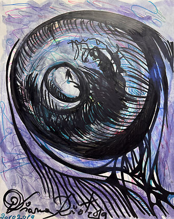 Mixed-media surreal eye with layered reflections in watercolor, pens and markers (A4)