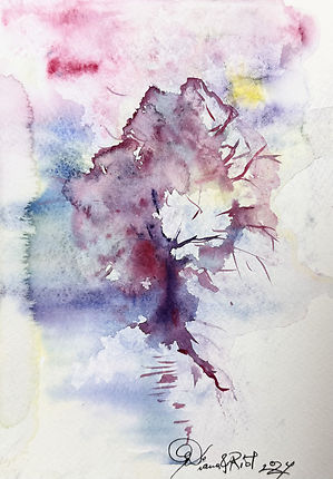An abstract watercolor painting of a single tree, its form bleeding into a background of soft pink, blue, and yellow washes on textured paper