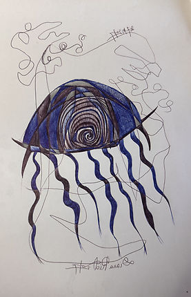 Tunnel Jellyfish — pen drawing 21.0 × 29.7 cm surreal marine tunnel ink artwork