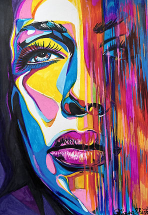 An abstract pop art portrait of a woman's face, with the right side obscured by dripping vertical streaks of multi colored paint