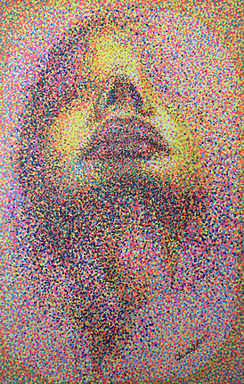 A pointillist portrait of a face formed by thousands of multi-colored dots on a glowing yellow background