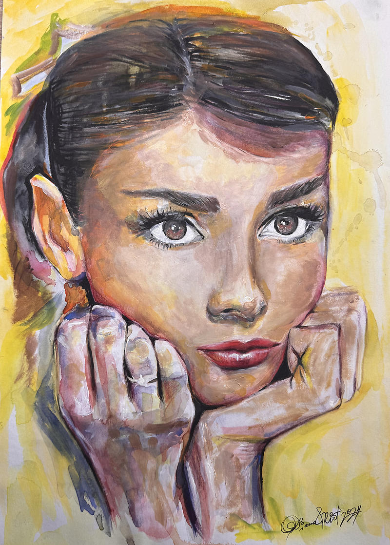 Watercolor and acrylic portrait of Audrey Hepburn on paper