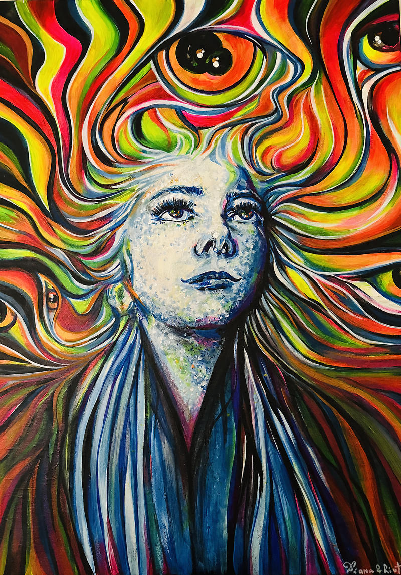 A psychedelic painting of a woman looking upwards, her long, multi-colored hair flowing and morphing into swirling patterns and eyes