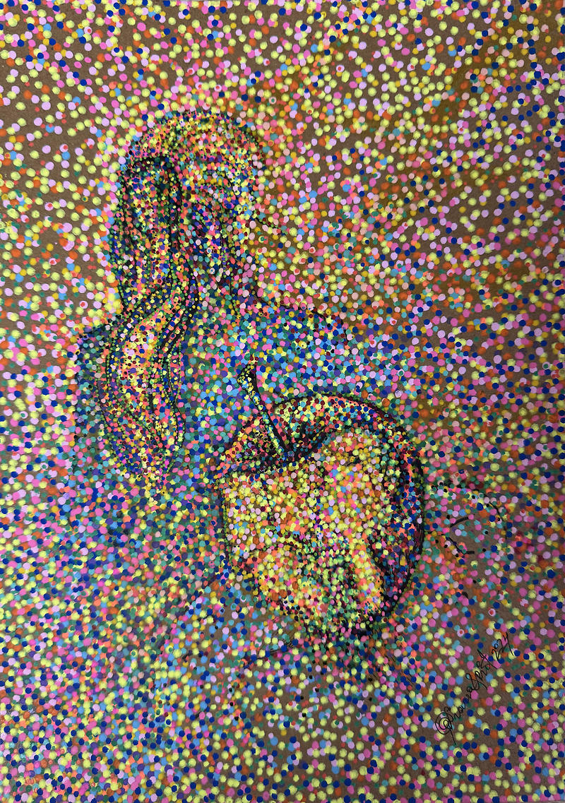 A pointillist composition showing the profile of a woman and a large apple made of colorful dots on brown paper
