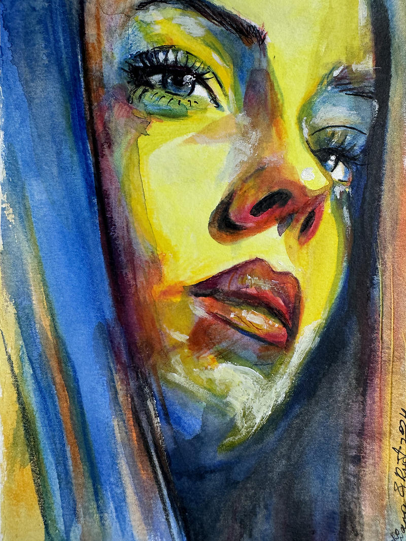 A close-up abstract portrait of a face painted with thick, textured strokes of vibrant neon yellow, electric blue, and hints of red